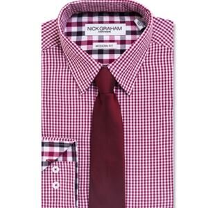 Nick Graham Mens Dress Shirt Tie SET Stretch MODERN FIT Medium Gingham Red NWT